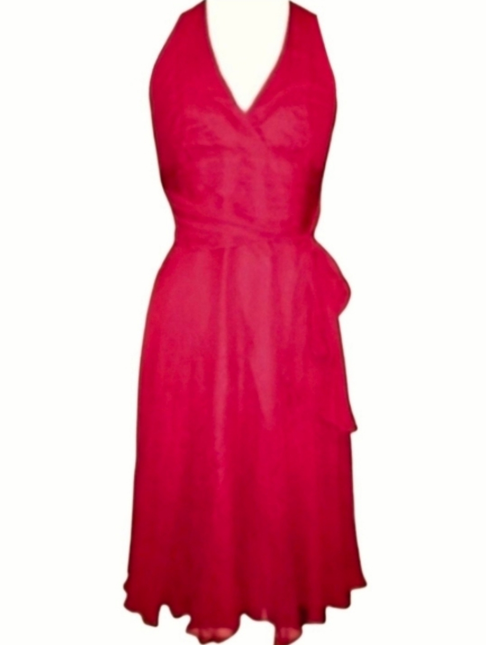 Red Silk Y2K Date Dress Ruby Halter Midi Marilyn Monroe Backless w/ Sheer Layer